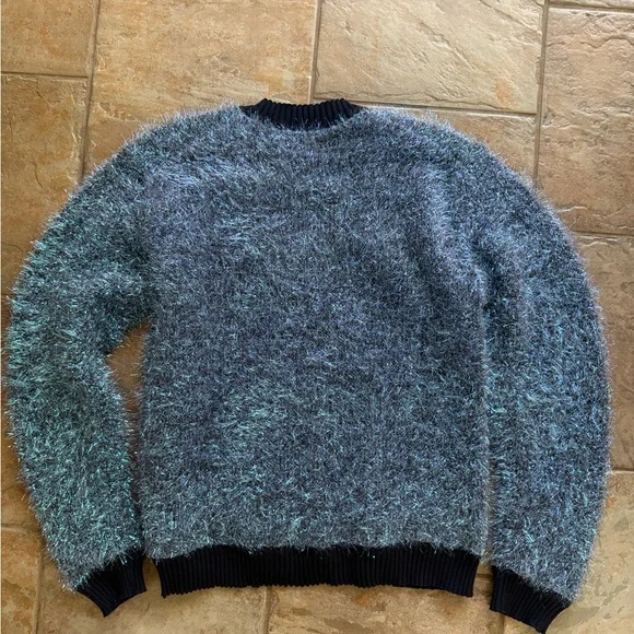 Tory Burch Women's Metallic Fuzzy V-Neck Sweater in Blue and Dark Navy